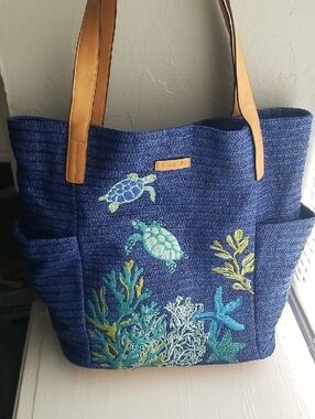 Vera Bradley Navy Blue Embroidered Sea Turtle Tote with Tan Straps
